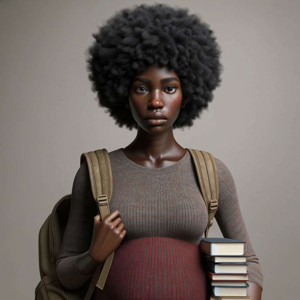 The image features a photorealistic portrait of a young, pregnant African woman with a dark skin tone and a voluminous afro hairstyle. She is wearing a close-fitting, marled knit shirt that accentuates her pregnancy. Over her shoulders, she carries the straps of a khaki-colored backpack, suggesting she may be a student or a traveler. In her arms, she holds a stack of hardcover books, indicating a commitment to education or a passion for reading. Her facial expression conveys a sense of seriousness or concern, with her eyes looking directly at the viewer, possibly reflecting on the challenges she faces or the responsibilities ahead. The background is neutral and nondescript, focusing the viewer’s attention on her expression and the symbolic elements of her pose.