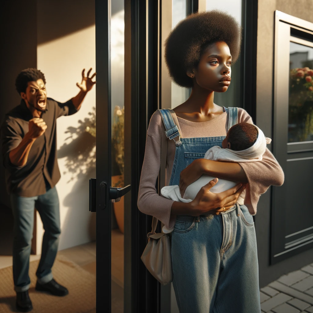 The image displays a young African American woman with a natural afro hairstyle, holding a baby close to her chest. She is standing in a doorway, wearing a pale pink long-sleeve shirt and classic denim overalls. A shoulder bag rests at her side. Her expression is neutral and contemplative. To her left, a man appears mid-motion, energetically gesturing with his mouth open as if caught in the middle of speaking or shouting. He is wearing a black shirt, jeans, and black shoes. The scene is bathed in warm sunlight suggesting either early morning or late afternoon. It seems to capture a moment of emotional contrast between the calmness of the woman and the dynamic energy of the man.
