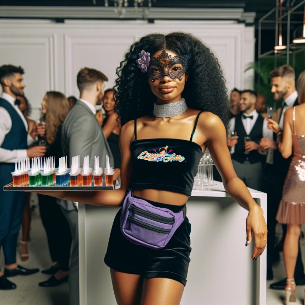 Young brown skinned woman with loose curly hair. She is leaning up against the edge of a white table. She is wearing a spaghetti strapped crop top containing the logo Queen Jelly. She has on black shorts and a lavender fanny pack. In her right hand she is holding a tray that has jello shot syringes. Her left hand is resting on the table. Her background consist of guest at a party with cocktail chic attire. The young brown skinned woman is wearing a black lace venetian mask adorned with a purple flower
