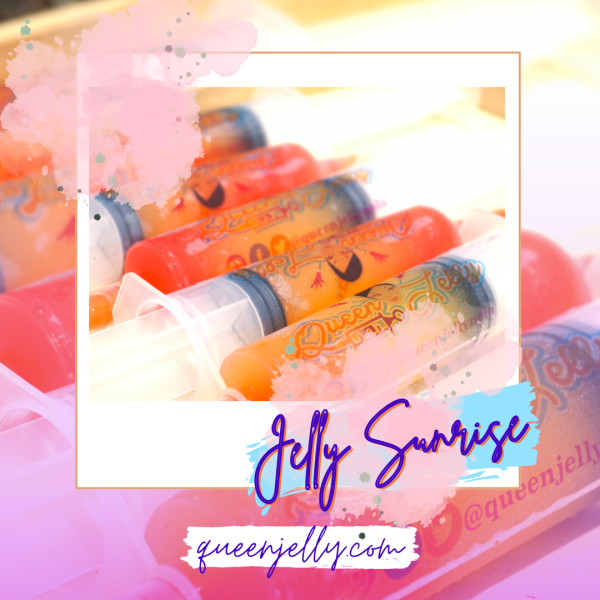 A close-up image of Queen Jelly-branded syringes filled with vibrant orange and red gelatin, arranged in a row. The image is artistically enhanced with pink and purple watercolor splashes, and the text "Jelly Sunrise" is prominently displayed in a stylish script. The Queen Jelly website URL, queenjelly.com, is included at the bottom.